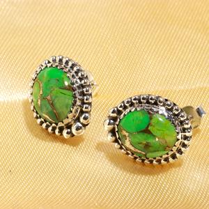 <b>Stud</b> Oval Shaped Cute Green Copper <b>Turquoise</b> Gemstones <b>Earrings</b> 925 Solid Sterling Silver Bezel Set Fashionable Jewelry Sunrise - Product Image 3