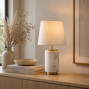 Modern Marble Accent Lamp Featuring Elegant Cylinder Silhouette Refined Metal Detailing And Warm Atmospheric <b>Illumination</b> - Product Image 1
