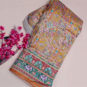 ผ้าไหมโดลาพรีเมียม ผ้าเครปธรรมชาติ สีเหลืองมัสตาร์ด สำหรับเสื้อผ้าเด็กผู้ชาย ลายพิมพ์วิวทิวทัศน์แบบชาติพันธุ์ ลายช้าง ขอบนุ่ม - Product Image 1