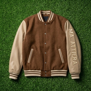 Veste Bomber Homme Marron en Cuir avec Manches en Cuir et Corps en Polaire, Broderie Personnalisée, OEM ODM Vente en Gros - Product Image 6
