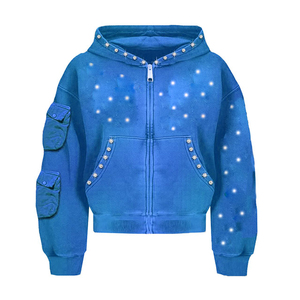 Hoodie unisexe tendance avec poche à manches ornée de strass, effet délavé, 100% coton, style streetwear, fermeture éclair intégrale - Product Image 1