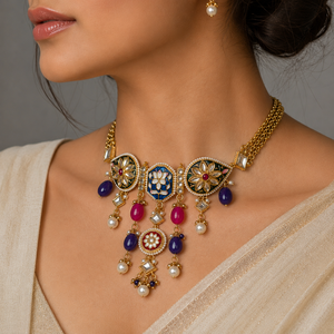 Gold Plated Floral Zinc Alloy Choker Necklace Earring <b>Bracelet</b> <b>Set</b> with Zircon and Pearl Ethnic Wedding Jewelry for Women - Product Image 2