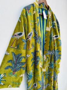 Kimono unisexe en velours, robe longue en coton, manches longues, col en V, fermeture à cordon, style classique, tissu tissé doux, motif floral - Product Image 4