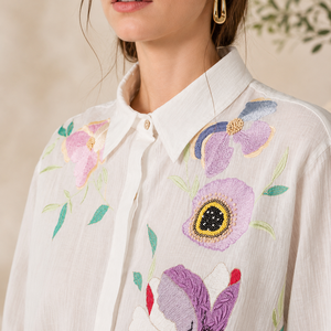 <b>Women</b> White Cotton Full Sleeve <b>Shirt</b> Colorful Floral Embroidery Button Down Casual <b>Dresses</b> Summer Blouse for B2B Wholesale - Product Image 2