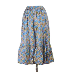 Saia maxi floral de algodão floral para mulheres tribais, tecido indiano tradicional estampado de mão em bloco, saia longa floral