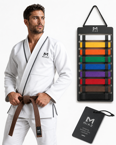 MIAZ BJJ Kimono Unisex White Polyester/Cotton Taekwondo Gi with Brown Belt Belt <b>Rack</b> Set Martial Arts Training Custom Printing - Product Image 3