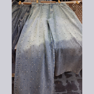 Pantalones vaqueros de cintura alta con diseño de diamantes cosidos, estilo casual, holgados y de pierna ancha para mujer, estilo urbano, para primavera. - Product Image 3