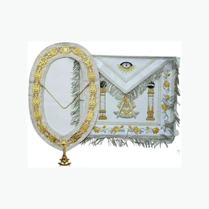 Custom Embroidered Masonic Apron With Oval Badge And Fringe White Gold Classical Style apron with chain <b>collar</b> - Product Image 1