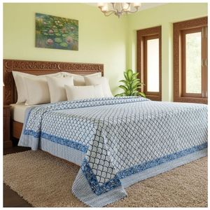 Hand Block Printed Cotton Sanganer Queen Size Kantha <b>Throws</b> <b>Large</b> Width Handmade Indian Quilt Traditional Bedding Homes Decor - Product Image 1