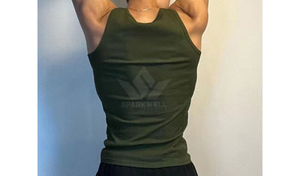 เสื้อกล้ามคอกลมสีเขียวมะกอกสำหรับผู้ชาย สีพื้น ระบายอากาศได้ดี ผ้าถัก สวมใส่สบาย ไม่มีแขน มีโลโก้ด้านหน้า - Product Image 4