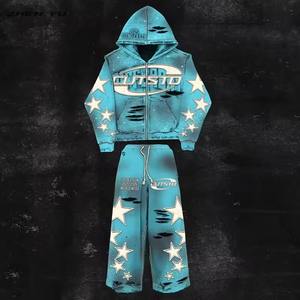 Ensemble survêtement et sweat à capuche personnalisés pour homme, en molleton bouclette, style streetwear, vintage, délavé à l'acide, zippé, effet usé - Product Image 6