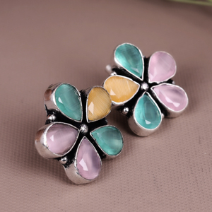 Brass Oxidized Silver Bezel Setting Pear Cut Flower <b>Stud</b> <b>Earrings</b> Women | Multicolor Gemstone Boho Party <b>Earrings</b> | Handmade - Product Image 3