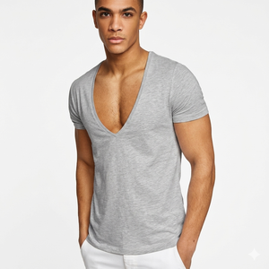 Camiseta de Manga Corta con Cuello en V para Hombre, 100% Algodón Tejido, Cómoda, Ligera, Transpirable, Informal, Precio de Fábrica, al por Mayor - Product Image 1