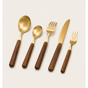 Juego de Cubiertos de Acero Inoxidable Dorado de Diseño de Lujo con Mangos Ergonómicos de Madera, Acabado Pulido Espejo, Cubertería Ecológica para la Venta - Product Image 3