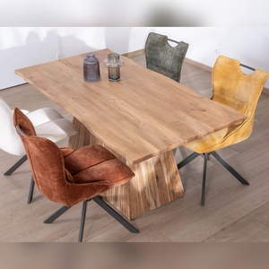 Table à manger design Elki en bois d'acacia, texture ivoire Vandana, 175 cm, avec piétement central sur colonne. - Product Image 3