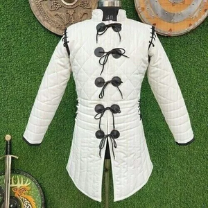 Medieval Gambeson Handmade Cotton <b>White</b> Viking Renaissance Costume Black Leather Trimmed Standard Thickness Mandarin Collar Belt - Product Image 4