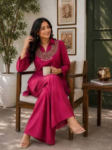 Ensemble indien pakistanais à imprimé bloc bordeaux, col brodé, kurta et pantalon, tenue pour femmes, vêtements de festival - Product Image 3