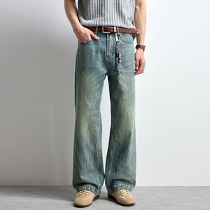Jean délavé coupe large pour homme, taille mi-haute, coupe ample, décontracté, en denim, grandes tailles, 100 % coton, fermeture boutonnée, couleur unie - Product Image 1