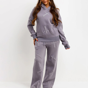 Ensemble de survêtement décontracté deux pièces pour femme, violet, avec sweat à capuche et pantalon de jogging, 100% coton, écologique, grandes tailles, fermeture à cordon, coupe large - Product Image 4