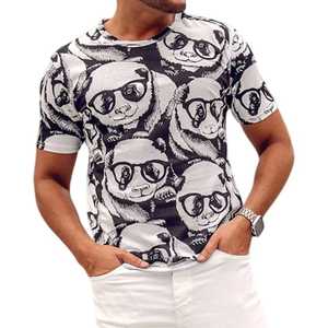 T-shirt à manches courtes pour homme avec imprimé de dessin animé de panda, col rond, coupe classique, style décontracté, tissu jersey 100% coton - Product Image 3
