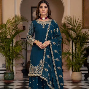 Conjunto Kurti Palazzo Étnico de Seda Chinon Bordada Premium para Mujer, Ropa de Fiesta - Product Image 1