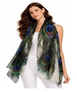 Écharpe à imprimé plumes de paon pour femme, légère, transparente, longue, élégante, accessoire doux pour le cou, usage quotidien - Product Image 1