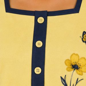 Yellow And Navy Women Two Piece Shorts Set Square Neck Button <b>Top</b> Floral Butterfly Print Contrast Trim Casual Summer Cotton Loun - Product Image 6