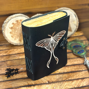 Handmade <b>Leather</b> Spell <b>Book</b>: Luna Moth Journal, Vintage Lock & Deckle Edge Paper - Product Image 4