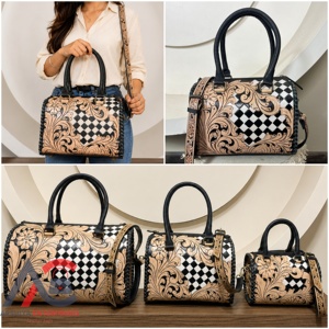 OEM ODM Designer Pattern Handcrafted Genuine Cowhide Leather Speedy Bag Floral Western Duffel Vintage Travel Bag for Women - Product Image 1