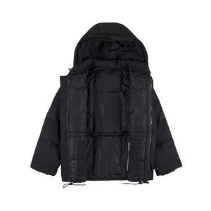 Matte Black Winter Down <b>Jacket</b> with Hood, Adjustable Waist Drawstring, <b>Straight</b> Hem, Versatile Style - Product Image 2