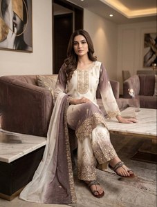 Women White And Purple Dual Tone Georgette Embroidery Jarkhan Diamond Work Top Plazzo Dupatta Set Ethnic Party Wear <b>Dress</b> - Product Image 3