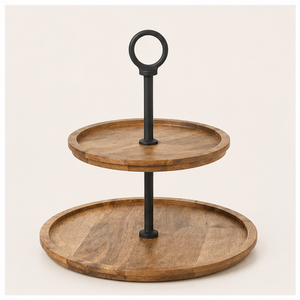 Eco-Friendly 2-Tier Acacia Wood Cake <b>Stand</b> with Matte Black Metal Handle <b>Cupcake</b> Display <b>Stand</b> and Serving Tray for Weddings - Product Image 1