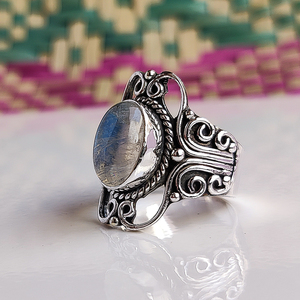 Bague Cabochon Pierre de Lune de Feu en Argent Sterling 925, Bijou Artisanal de Caractère - Product Image 3