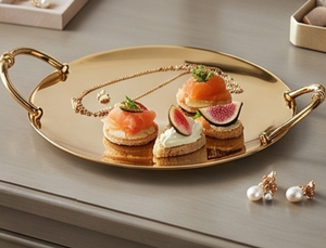 Plateau de service doré à finition miroir de qualité supérieure avec poignées, finition métallique polie pour la présentation des aliments, design élégant pour mariage - Product Image 1