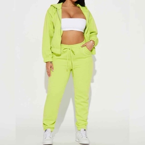 Conjunto Deportivo Verde Lima para Mujer, Talla Grande, Sudadera con Capucha y Pantalones Largos con Cordón, Color Sólido, Estilo Casual - Product Image 1