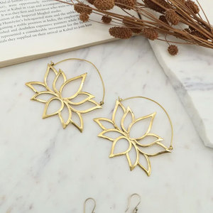 Handmade Gold Lotus Flower Filigree Hoop <b>Earrings</b> Spiritual Boho Statement Jewelry Women - Product Image 4