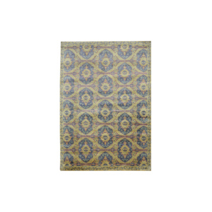 Tapis en laine noué à la main, motif médaillon bleu et or, tapis oriental, résistant aux plis, à poils ras et fins, pour salon moderne - Product Image 2