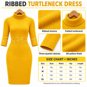 Vestido ajustado de punto amarillo con cuello alto y manga tres cuartos hasta la rodilla, elegante, de la hermandad de la hermandad femenina Cosh International. - Product Image 6