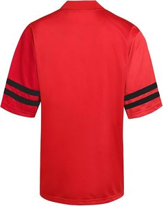 เสื้อกีฬาโพลีเอสเตอร์สีแดงพร้อมแถบสีดำที่แขนเสื้อคอวีแขนสั้นเสื้อกีฬาที่ทนทาน - Product Image 2