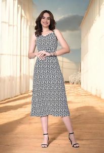 Vestido Midi con Tirantes Finos y Estampado Geométrico, Ajustado, Casual, de Verano, Tejido en Poliéster - Product Image 5