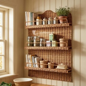 Natural Rattan Single Tier Wall Mounted Storage Organizer Handcrafted Woven <b>Rustic</b> Decorative Hanging Rack for Living Room - Product Image 3