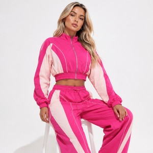 Women's <b>Pink</b> Color Block <b>Tracksuit</b> Set Full Sleeve Cropped Jacket Wide Leg Joggers Sporty Loose Fit Spring Summer Athletic Wear - Product Image 3