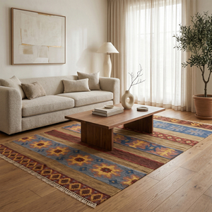 Tapis épais DECORDEC en laine tuftée à la main, motif tribal moderne rayé, écologique et antidérapant pour salon, chambre et hôtel - Product Image 4