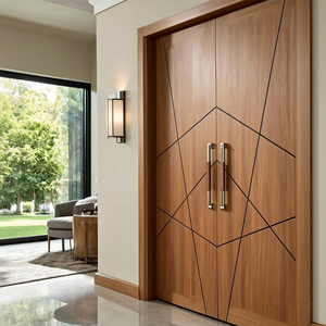 Puerta de Entrada Contemporánea de Madera Sólida con Diseño Geométrico y Manijas Metálicas para Uso en Entrada Principal de Villa GA-47L - Product Image 1