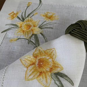 Custom Classic Washable Reuse Embroidery Yellow Flower <b>Placemats</b> Napkins Sets 100% Hemstitch Linen Mats for Home Wedding Events - Product Image 2