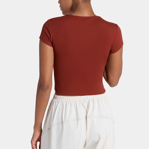Women <b>Red</b> <b>Crop</b> <b>Top</b> O Neck Short Sleeve Slim Fit Knitted Casual T Shirt Solid Color Breathable for Spring Summer Wear Comfortable - Product Image 2