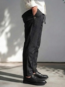 Men's Black Drawstring <b>Waist</b> Casual <b>Trousers</b> <b>Elastic</b> <b>Waist</b> Flat Front Oxford Cotton Pants Spring Style Breathable Midweight - Product Image 2