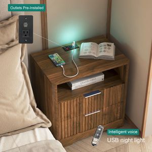 Smart Wood Nightstand with <b>Charging</b> Station and Night Light Bedroom Storage Cabinet <b>Bedside</b> <b>Table</b> - Product Image 3
