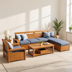 Sofá Seccional Modular Moderno en Forma de L de Madera Maciza con Cojines de Tela Azul, Sofá Cama con Almacenamiento para Sala de Estar - Product Image 6