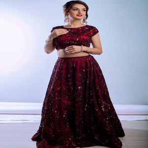 Lehenga Choli de mariage sur mesure, design moderne et personnalisé |   Dentelle drapée |   Broderie à paillettes |   Occasion Multicolore Premium |   Ensemble - Product Image 1